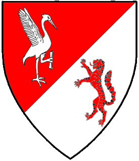 Per bend sinister gules and argent, a crane, wings elevated and addorsed, sinister facing and maintaining in the sinister claw a rolled scroll argent and a Bengal tiger rampant gules, marked sable.