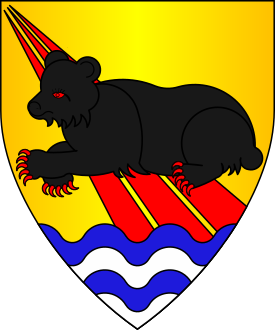 Or, three piles in point issuant from sinister base gules surmounted by a bear couchant sable, a ford proper.