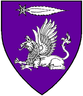 Purpure, a griffin couchant and in chief a comet fesswise argent.