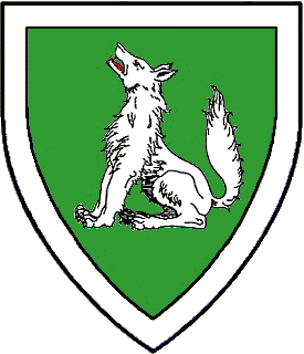 Vert, a wolf sejant ululant within a bordure argent.