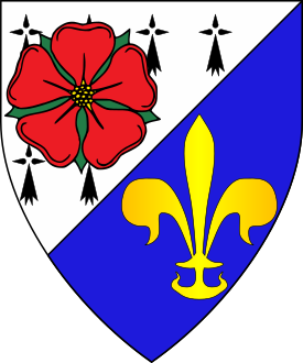 Per bend sinister ermine and azure, a rose gules and a fleur-de-lys Or.