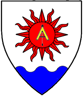 Argent, on a sun gules an A-frame plumb-line Or, and a base wavy azure.