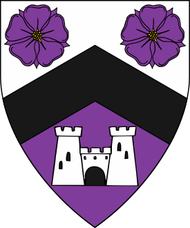 Per chevron argent and purpure, a chevron sable between two roses and a castle counterchanged.