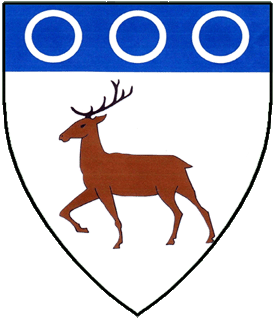 Argent, a stag trippant proper and on a chief azure three annulets argent.