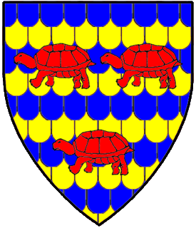 Papellony azure and Or, three turtles passant gules.