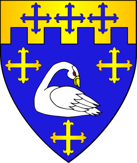 Azure, a swan naiant reguardant argent between three crosses fleury and on a chief embattled Or three crosses fleury azure.
