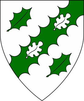 Argent, on a bend sinister engrailed between two holly leaves bendwise sinister vert, two oak leaves argent.