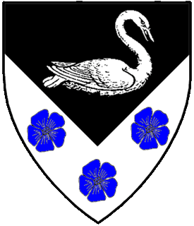 Per chevron inverted sable and argent, a swan naiant contourny argent and three flax flowers two and one azure.