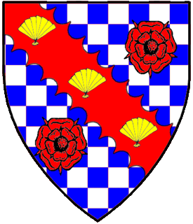 Checky azure and argent, on a bend engrailed between two double roses gules three fans palewise Or.