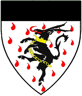 Argent goutty de sang, an antelope rampant sable ducally gorged and chained Or, a chief sable.