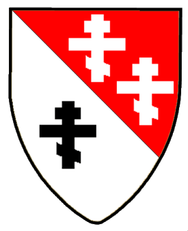 Per bend gules and argent, two Russian Orthodox crosses in bend argent and another sable.