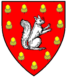 Gules, a squirrel sejant erect to sinister argent within an orle of acorns inverted Or.