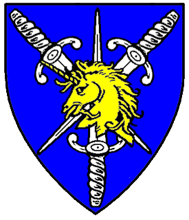 Azure, two swords inverted in saltire, surmounted by a sword palewise proper, overall a unicorn's head erased Or.