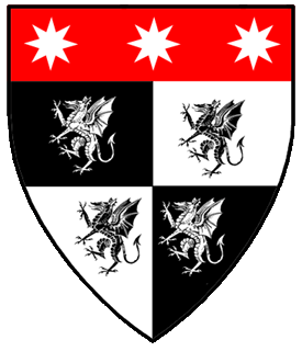 Quarterly sable and argent, four dragons segreant counterchanged on a chief gules three mullets of eight points argent.
