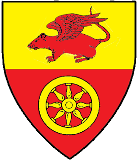 Per fess Or and gules, a winged rat couchant and a wagon wheel counterchanged.