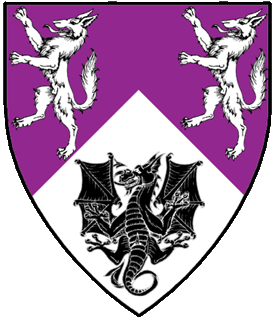 Per chevron purpure and argent, two wolves rampant argent and a dragon displayed sable.