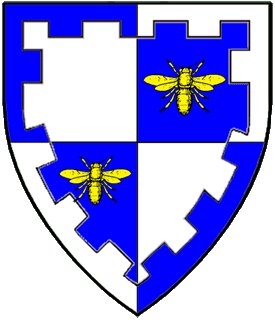 Quarterly argent and azure, in bend sinister two bees Or within a bordure embattled counterchanged.