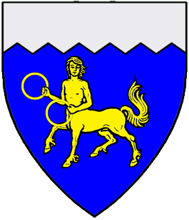 Azure, a centaur passant guardant maintaining in each hand an annulet Or, a chief indented argent