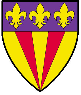 Or, two piles in point gules, on a chief purpure three fleurs-de-lys Or.