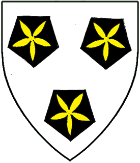 Argent, three pentagons inverted sable each charged with a cinquefoil inverted Or.