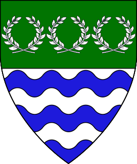 Per fess vert and barry wavy argent and azure, in chief three laurel wreaths argent.