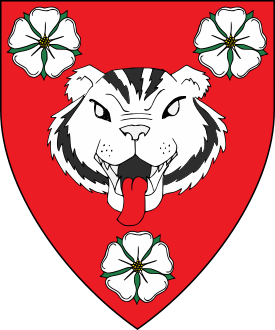 Gules, a natural tiger's head cabossed argent marked sable between three roses argent.