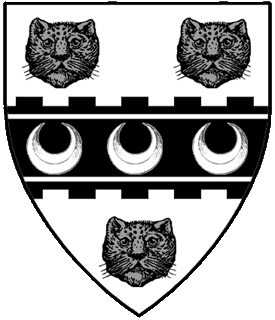 Argent, on a fess cotised embattled on the outer edges between three leopard's faces sable three crescents argent.