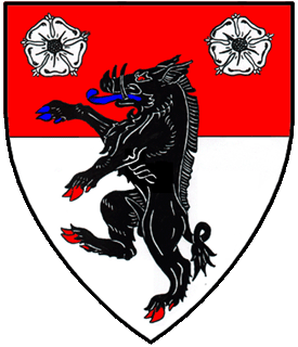 Per fess gules and argent, a boar rampant sable, in chief two roses argent.