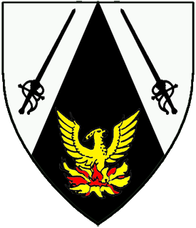 Per chevron throughout argent and sable, two cutlasses in chevron sable and a phoenix Or rising from flames proper.