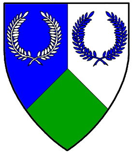 Per pall inverted azure, argent and vert, in chief two laurel wreaths counterchanged.