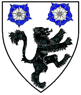 Argent, a lion rampant contourny sable, in chief two roses azure each charged with a rose argent.