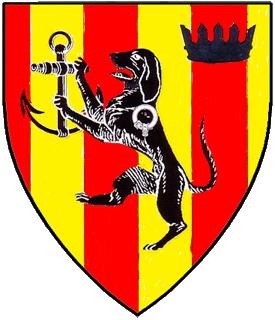 Paly gules and Or, on a talbot rampant maintaining an anchor sable a belt in annulo argent, in sinister canton a coronet vallary sable.