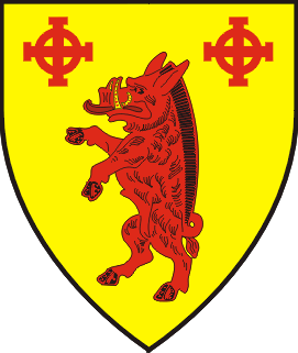 Or, a boar rampant and in chief two equal-armed Celtic crosses gules.