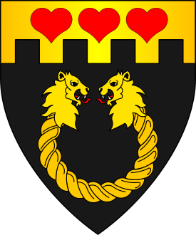 Sable, a lion-headed torque opening to chief and on a chief embattled Or three hearts gules.