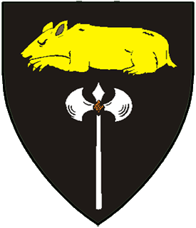  Sable, in pale a bear dormant Or and a double-bitted axe argent.