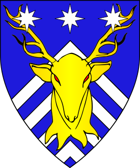 Per chevron azure and chevronelly argent and azure, a stag's head erased and affronty Or, environed in chief by three compass stars in fess argent.