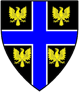 Sable, a cross azure fimbriated argent between four eagles Or.