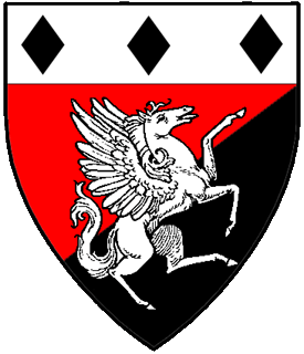 Per bend sinister gules and sable, a pegasus rampant contourny and on a chief argent, three lozenges sable.