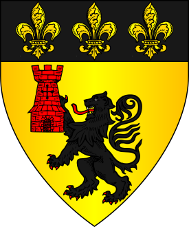 Or, a lion sable maintaining in its dexter paw a tower gules, on a chief sable three fleurs-de-lys Or.