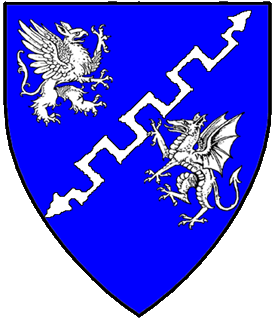 Azure, a lightning flash bendwise sinister throughout between a griffin segreant to sinister and a dragon segreant argent.