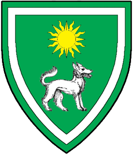 Vert, a wolf statant to sinister argent and in chief a sun Or, an orle argent.