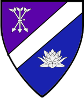 Per bend sinister purpure and azure, a bend sinister between a sheaf of arrows and a lotus flower in profile argent