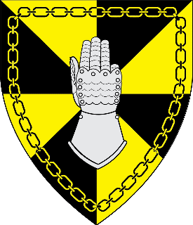 Gyronny Or and sable, a gauntlet aversant argent and an orle of chain counterchanged.