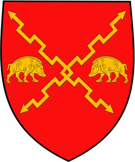 Gules, in saltire two lightning bolts between in fess two boars passant respectant Or.