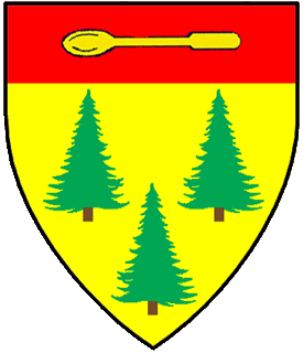 Or, three pine trees couped proper and on a chief gules a spoon fesswise Or.