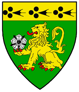 Vert, a lion sejant Or holding in its dexter paw a rose argent, on a chief Or three ermine spots fesswise sable.