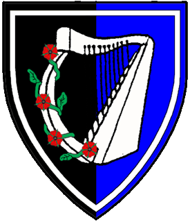 Per pale sable and azure, a harp argent its forepillar entwined of a rose vine proper and an orle argent.