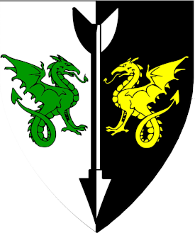 Per pale argent and sable, an arrow counterchanged between two wyverns respectant counterchanged vert and Or.