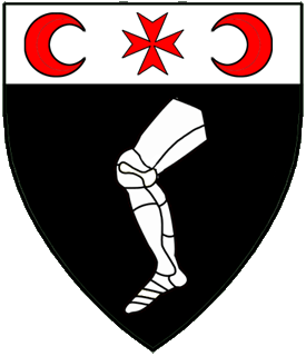 Sable, an armored leg palewise embowed and on a chief argent, a Maltese cross between a decrescent and an increscent gules.