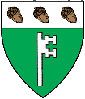 Vert, a demi-key palewise, wards to sinister, and on a chief argent three acorns bendwise proper.